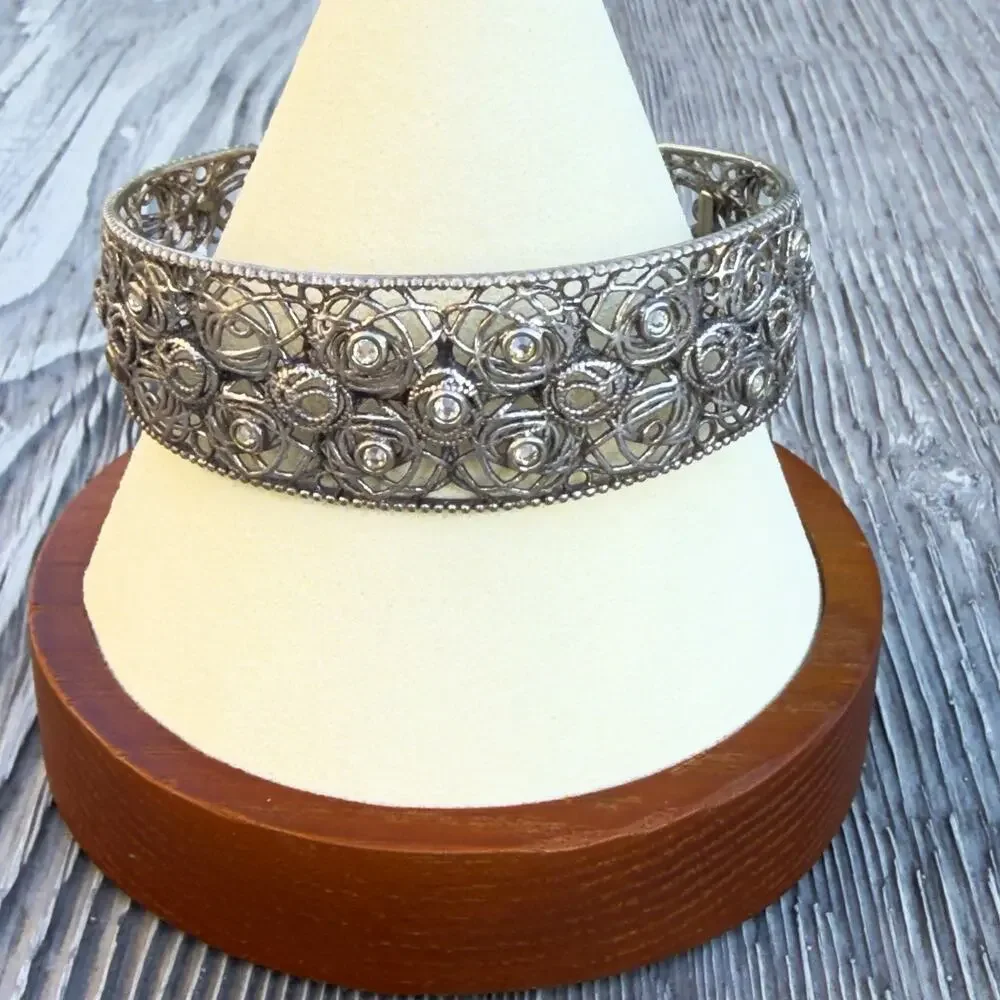 Gimet Italy 925 Sterling Silver Filigree Floral Rose Wide Cuff Bracelet (140)